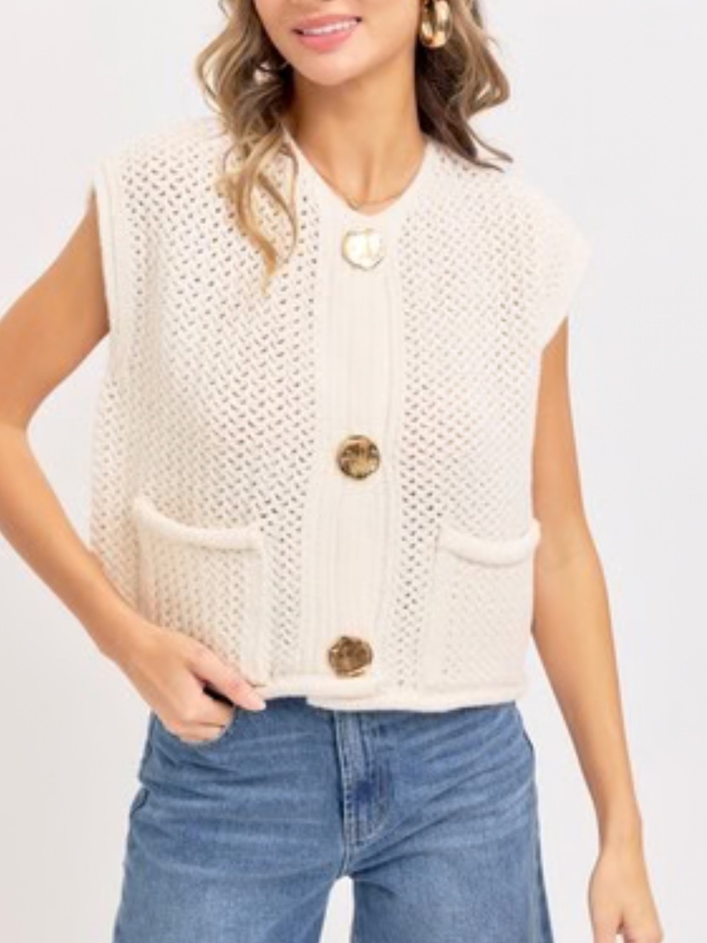 ShopEvelynne Cream Knit Button-Front Sleeveless Vest